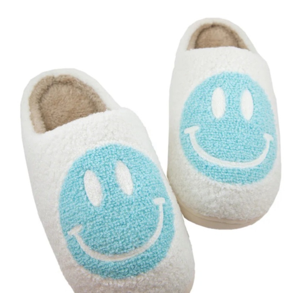 Womens Cozy White and Blue Smiley Face Slippers